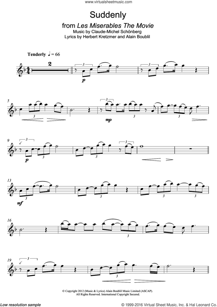 Suddenly (from Les Miserables The Movie) sheet music for alto saxophone solo by Boublil and Schonberg, Alain Boublil, Claude-Michel Schonberg and Herbert Kretzmer, intermediate skill level