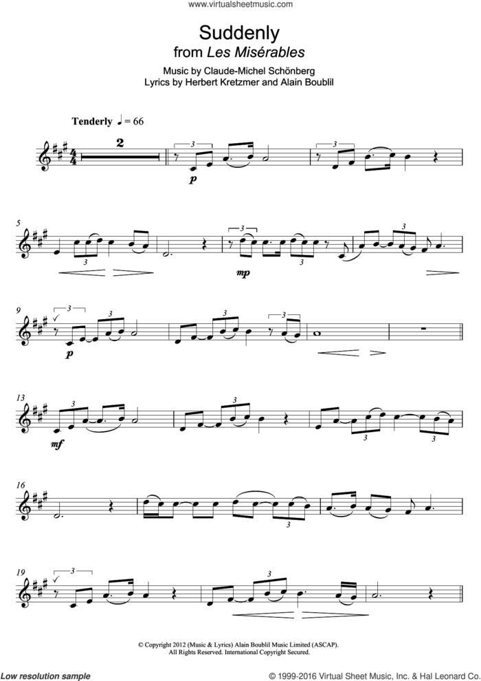 Suddenly (from Les Miserables The Movie) sheet music for clarinet solo by Boublil and Schonberg, Alain Boublil, Claude-Michel Schonberg and Herbert Kretzmer, intermediate skill level