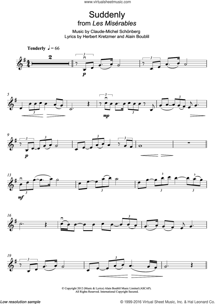 Suddenly (from Les Miserables The Movie) sheet music for violin solo by Boublil and Schonberg, Alain Boublil, Claude-Michel Schonberg and Herbert Kretzmer, intermediate skill level