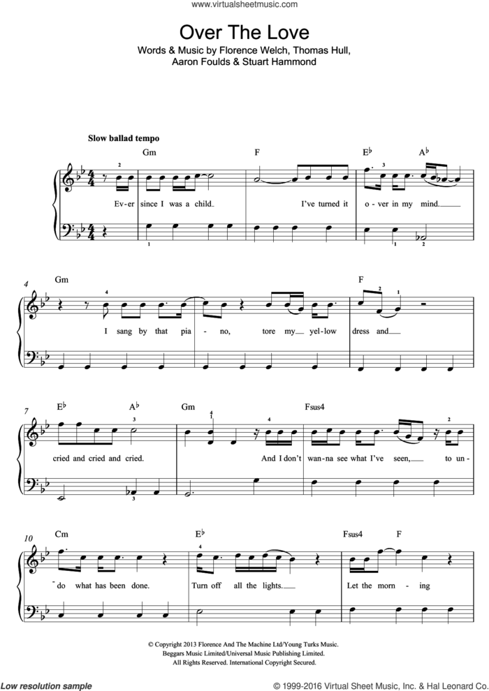 Over The Love sheet music for piano solo (beginners) by Florence And The Machine, Aaron Foulds, Florence Welch, Stuart Hammond and Tom Hull, beginner piano (beginners)