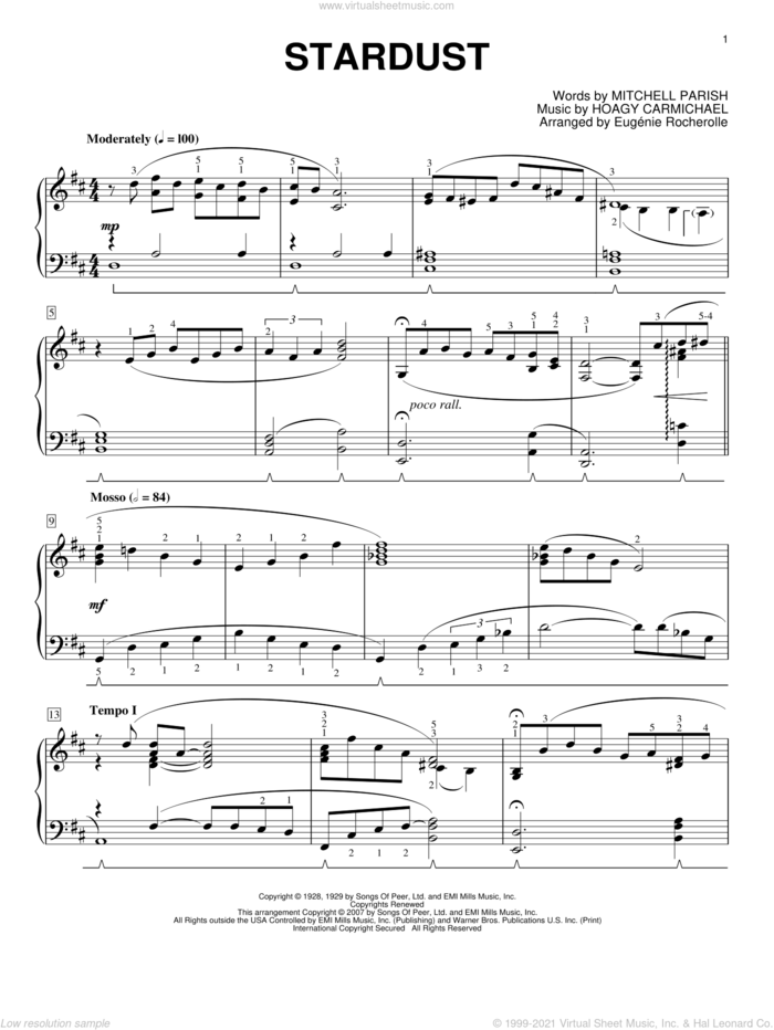 Stardust, (intermediate) sheet music for piano solo by Hoagy Carmichael, Eugenie Rocherolle and Mitchell Parish, intermediate skill level