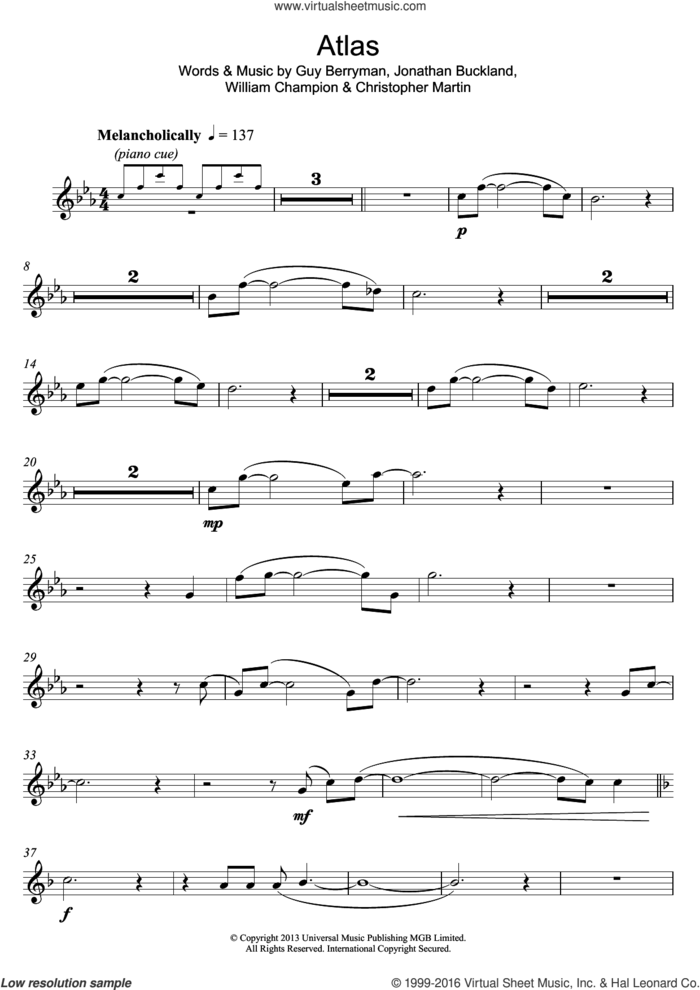 Atlas sheet music for alto saxophone solo by Coldplay, Christopher Martin, Guy Berryman, Jonathan Buckland and William Champion, intermediate skill level