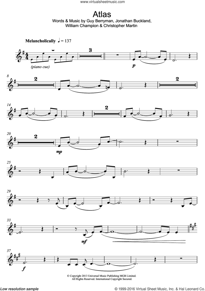 Atlas sheet music for clarinet solo by Coldplay, Christopher Martin, Guy Berryman, Jonathan Buckland and William Champion, intermediate skill level