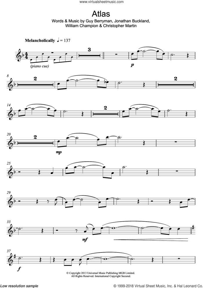 Atlas sheet music for flute solo by Coldplay, Christopher Martin, Guy Berryman, Jonathan Buckland and William Champion, intermediate skill level