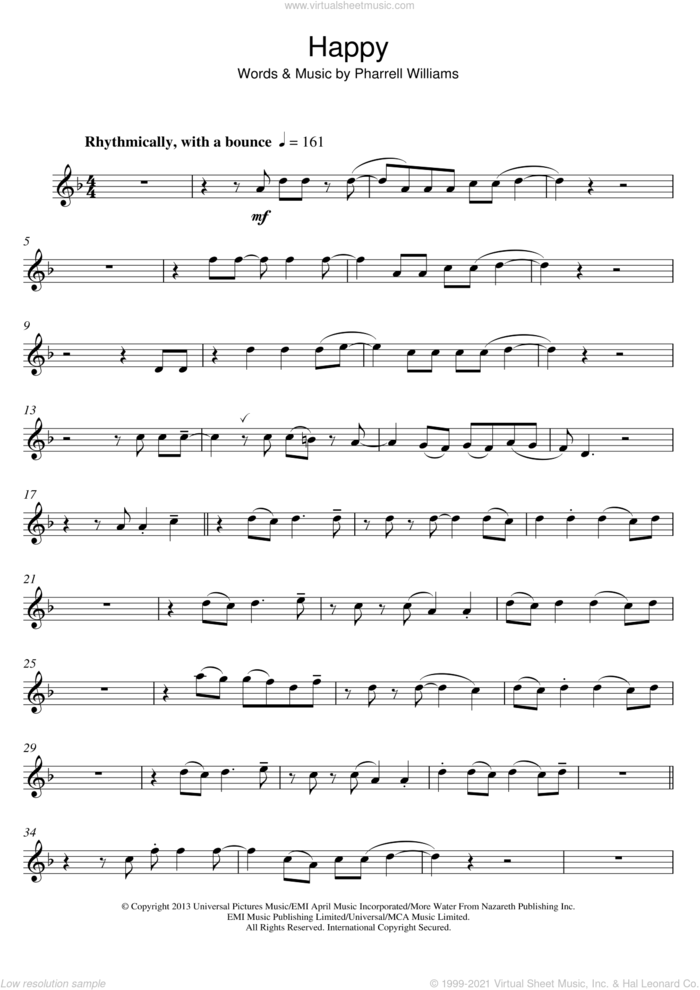 Happy sheet music for alto saxophone solo by Pharrell Williams, intermediate skill level