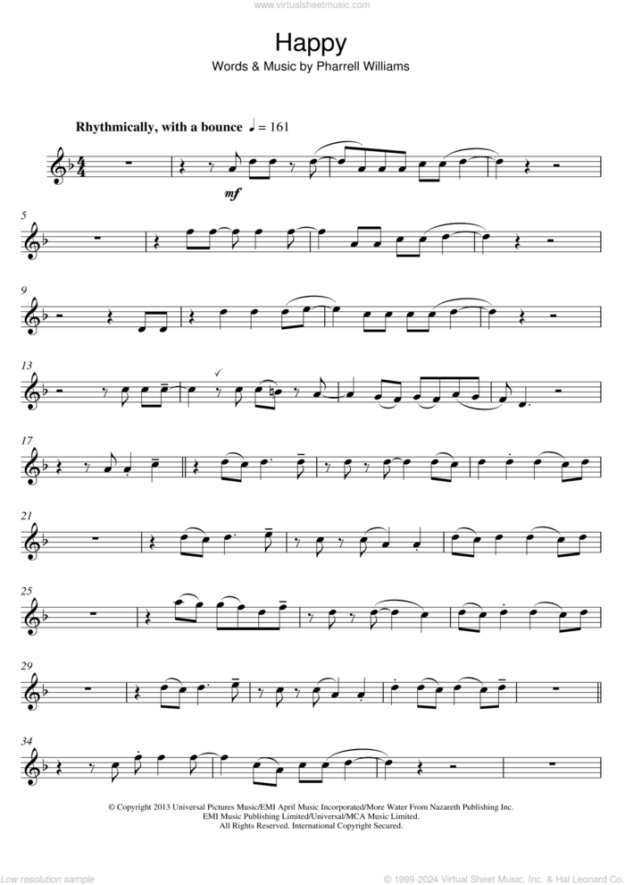 Happy sheet music for alto saxophone solo by Pharrell Williams, intermediate skill level