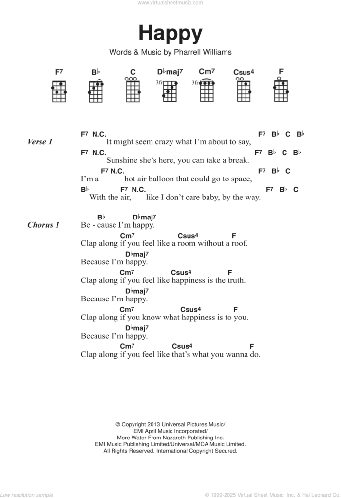 Happy sheet music for ukulele (chords) by Pharrell Williams, intermediate skill level