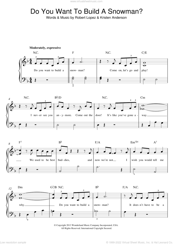 Do You Want To Build A Snowman? (from Frozen) sheet music for piano solo (beginners) by Kristen Bell, Agatha Lee Monn & Katie Lopez, Kristen Bell, Kristen Anderson, Kristen Anderson-Lopez and Robert Lopez, beginner piano (beginners)