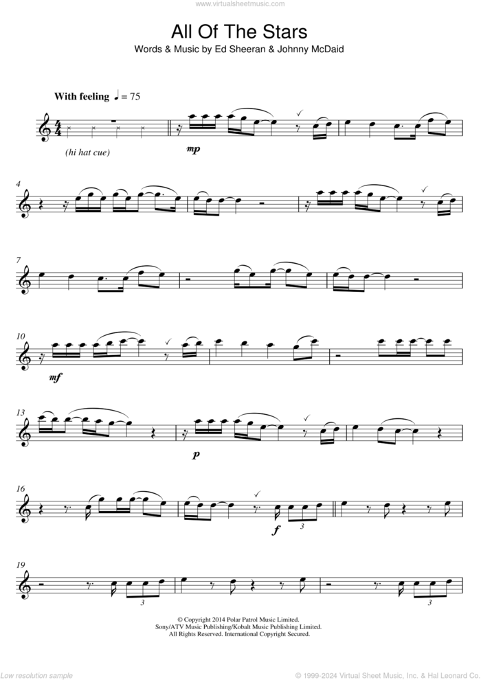 All Of The Stars sheet music for flute solo by Ed Sheeran and Johnny McDaid, intermediate skill level