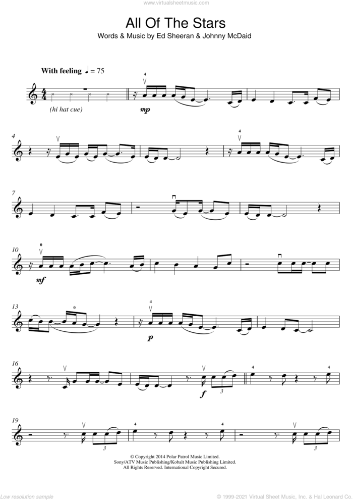 All Of The Stars sheet music for violin solo by Ed Sheeran and Johnny McDaid, intermediate skill level