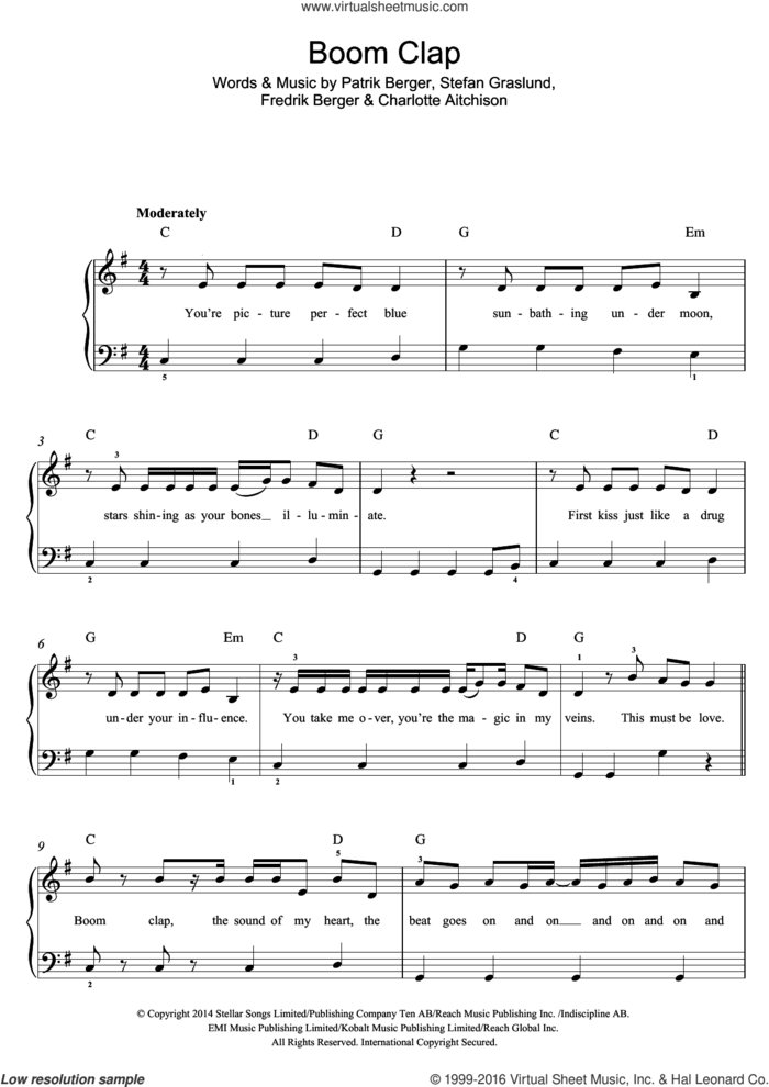 Boom Clap sheet music for piano solo (beginners) by Charli XCX, Charlotte Aitchison, Fredrik Berger, Patrik Berger and Stefan Graslund, beginner piano (beginners)