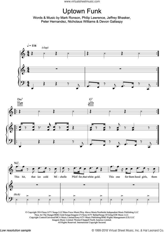 Uptown Funk (feat. Bruno Mars) sheet music for voice, piano or guitar by Mark Ronson, Bruno Mars, Devon Gallaspy, Jeffrey Bhasker, Nicholaus Williams, Peter Hernandez and Philip Lawrence, intermediate skill level