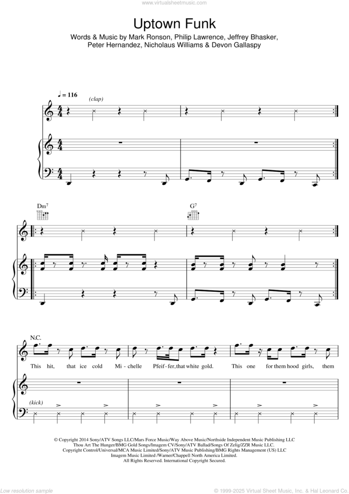 Uptown Funk (feat. Bruno Mars) sheet music for voice, piano or guitar by Mark Ronson, Bruno Mars, Devon Gallaspy, Jeffrey Bhasker, Nicholaus Williams, Peter Hernandez and Philip Lawrence, intermediate skill level