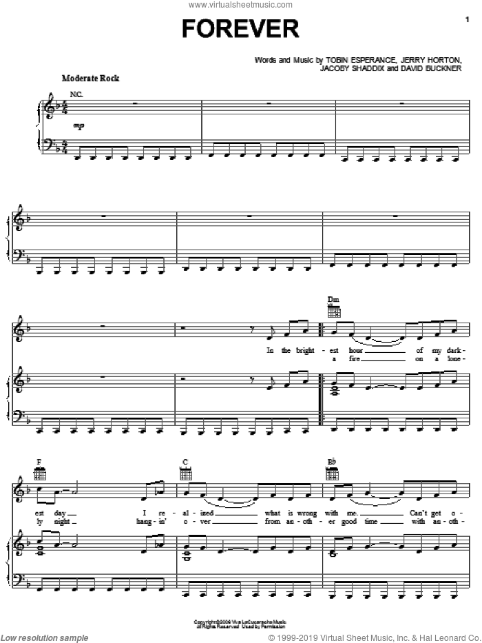Forever sheet music for voice, piano or guitar by Papa Roach, David Buckner, Jacoby Shaddix, Jerry Horton and Tobin Esperance, intermediate skill level