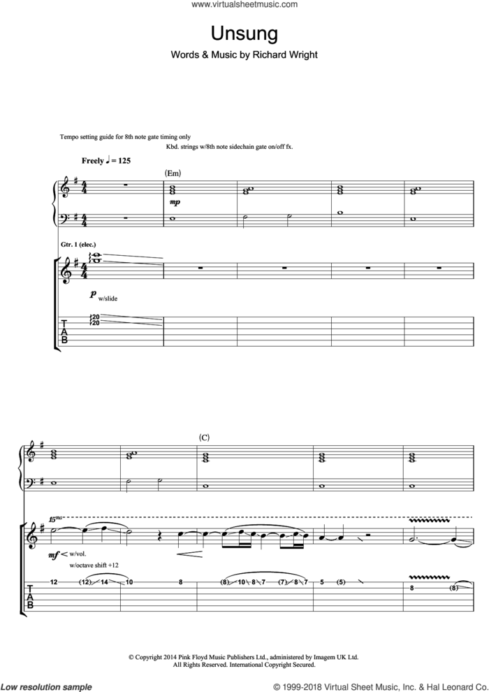 Unsung sheet music for guitar (tablature) by Pink Floyd and Richard Wright, intermediate skill level