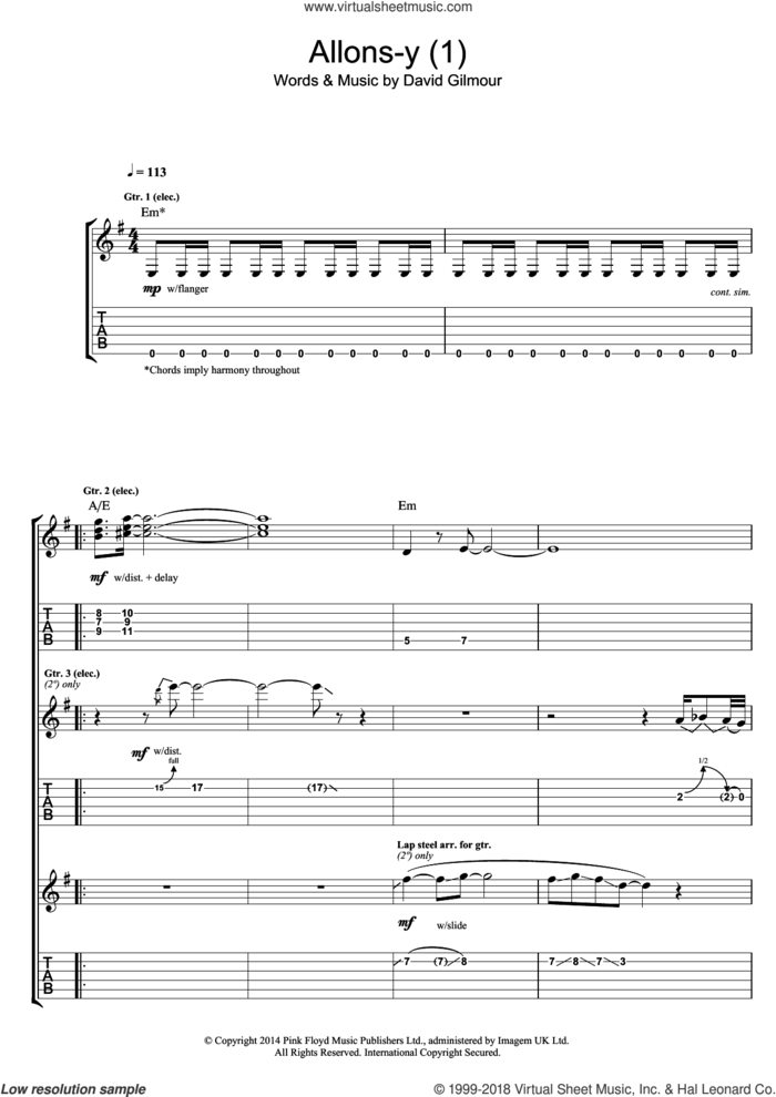 Allons Y (Part 1) sheet music for guitar (tablature) by Pink Floyd and David Gilmour, intermediate skill level
