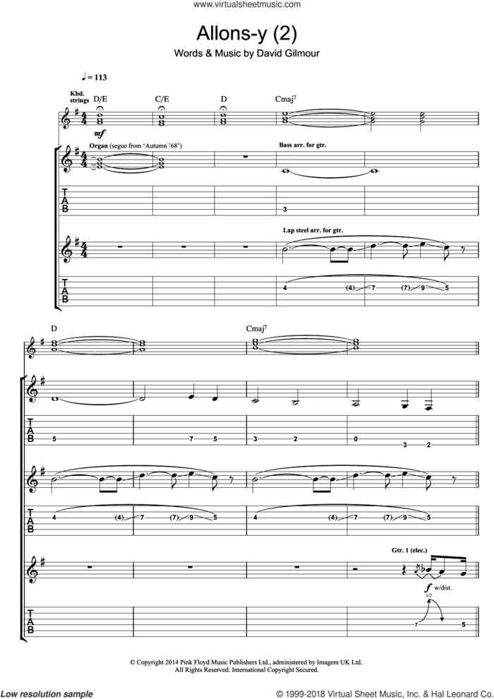 Allons Y (Part 2) sheet music for guitar (tablature) by Pink Floyd and David Gilmour, intermediate skill level
