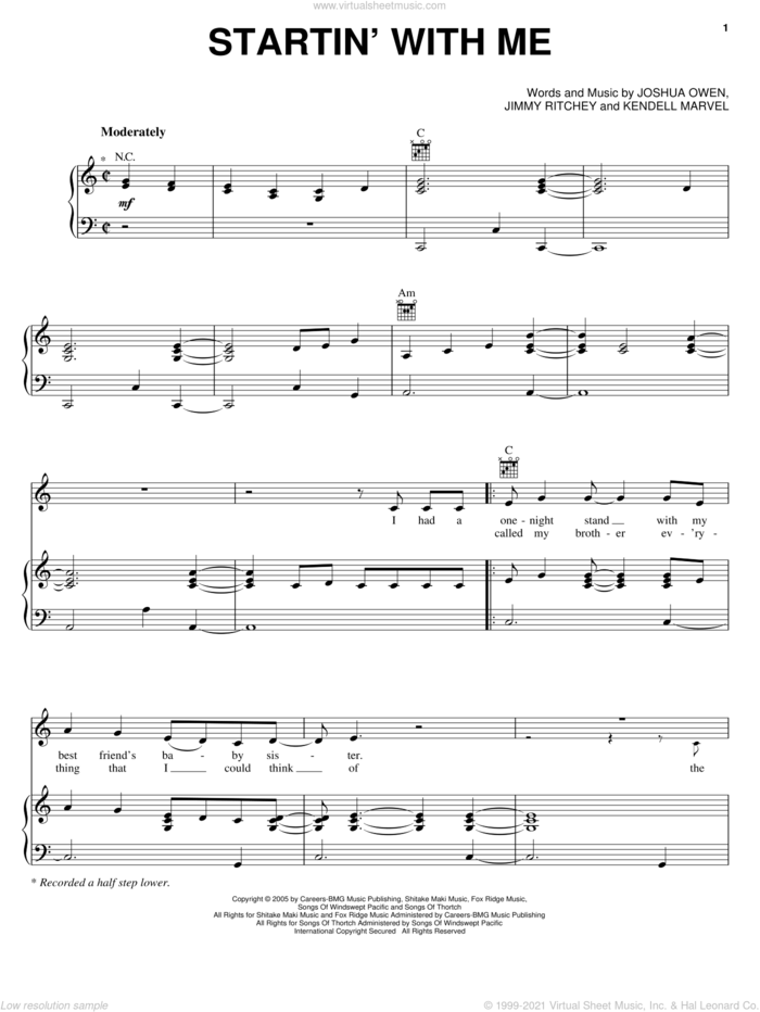 Startin' With Me sheet music for voice, piano or guitar by Jake Owen, Jimmy Ritchey, Joshua Owen and Kendell Marvell, intermediate skill level