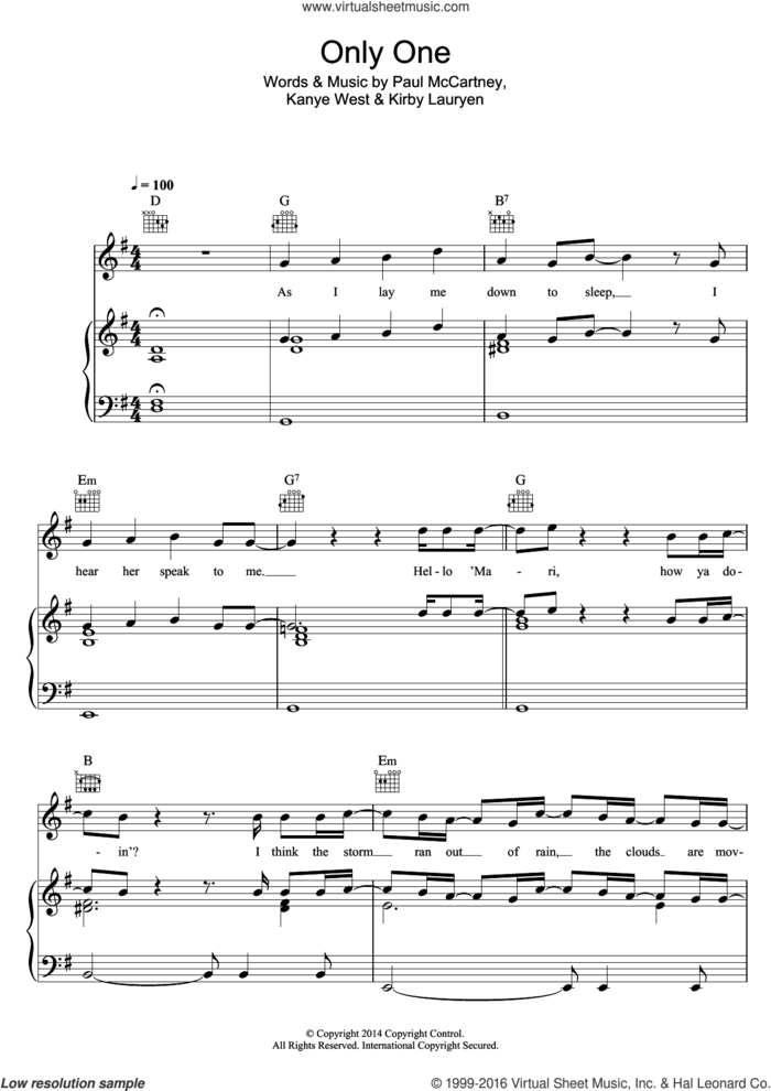 Only One (featuring Paul McCartney) sheet music for voice, piano or guitar by Kanye West, Kanye West feat. Paul McCartney, Kirby Lauryen and Paul McCartney, intermediate skill level