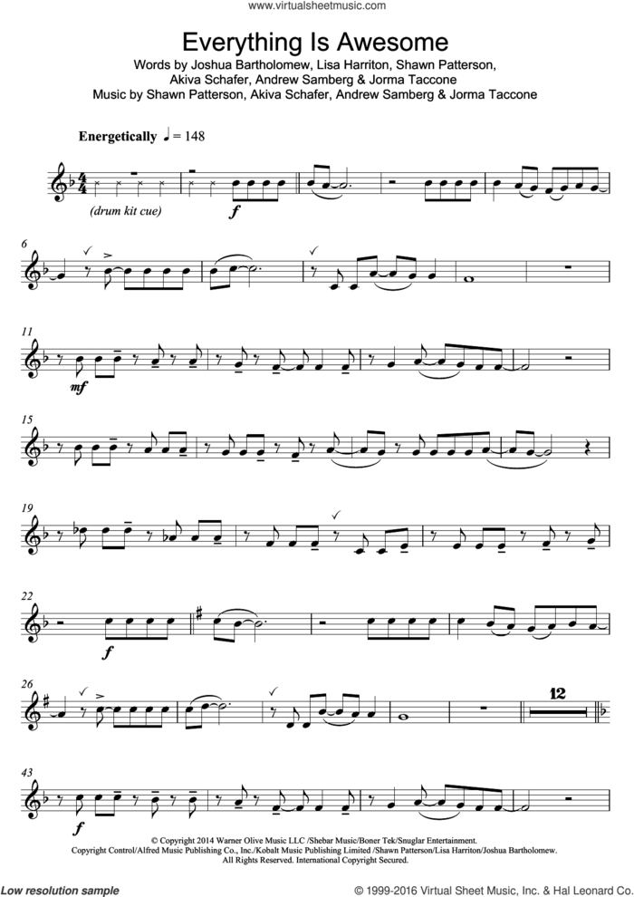 Everything Is Awesome (from The Lego Movie) (feat. The Lonely Island) sheet music for clarinet solo by Tegan and Sara, The Lonely Island, Akiva Schafer, Andrew Samberg, Jorma Taccone, Joshua Bartholomew, Lisa Harriton and Shawn Patterson, intermediate skill level