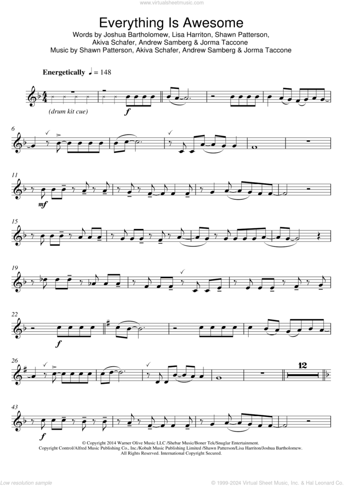 Everything Is Awesome (from The Lego Movie) (feat. The Lonely Island) sheet music for clarinet solo by Tegan and Sara, The Lonely Island, Akiva Schafer, Andrew Samberg, Jorma Taccone, Joshua Bartholomew, Lisa Harriton and Shawn Patterson, intermediate skill level