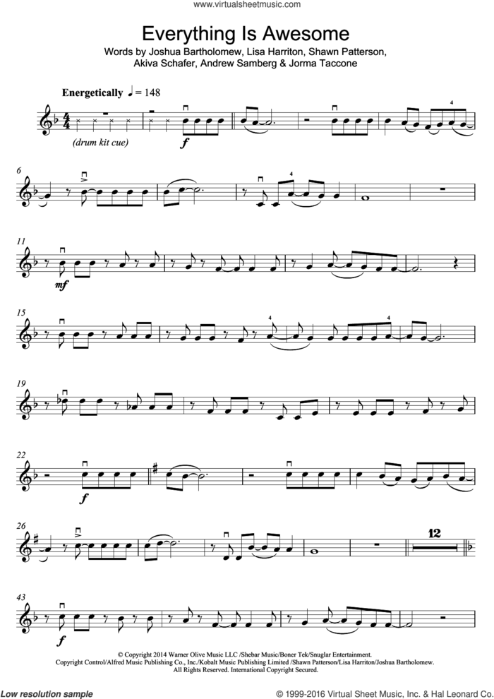 Everything Is Awesome (from The Lego Movie) (feat. The Lonely Island) sheet music for violin solo by Tegan and Sara, The Lonely Island, Akiva Schafer, Andrew Samberg, Jorma Taccone, Joshua Bartholomew, Lisa Harriton and Shawn Patterson, intermediate skill level