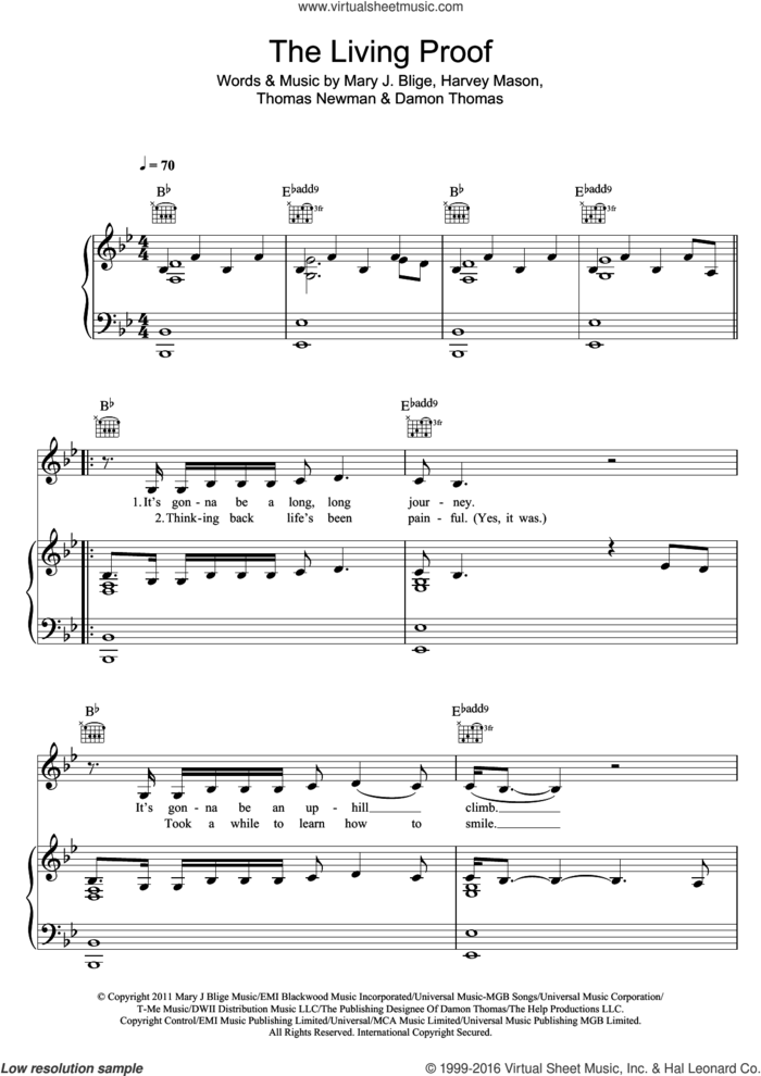 Living Proof (From The Help) sheet music for voice, piano or guitar by Mary J. Blige, Damon Thomas, Harvey Mason and Thomas Newman, intermediate skill level