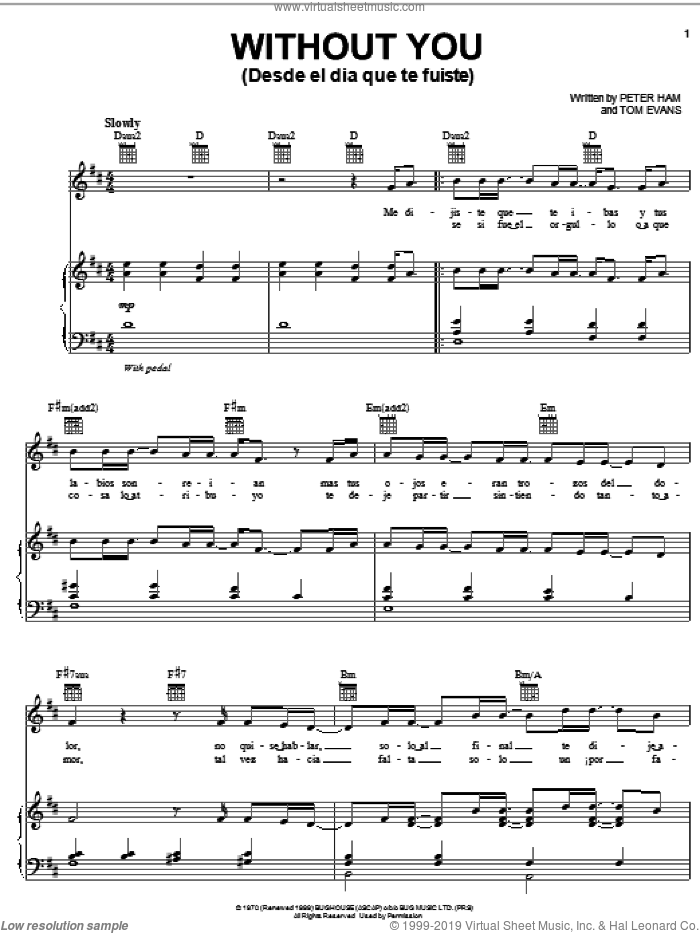 Without You sheet music for voice, piano or guitar by Il Divo, Air Supply, Mariah Carey, Nilsson, Pete Ham and Tom Evans, intermediate skill level