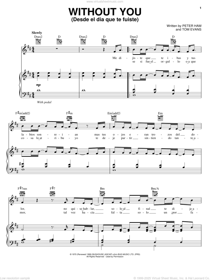 Without You sheet music for voice, piano or guitar by Il Divo, Air Supply, Mariah Carey, Nilsson, Pete Ham and Tom Evans, intermediate skill level
