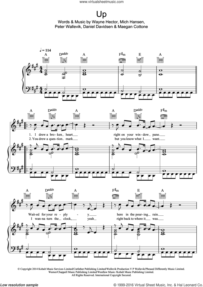Up (featuring Demi Lovato) sheet music for voice, piano or guitar by Olly Murs, Demi Lovato, Daniel Davidsen, Maegan Cottone, Mich Hansen, Peter Wallevik and Wayne Hector, intermediate skill level