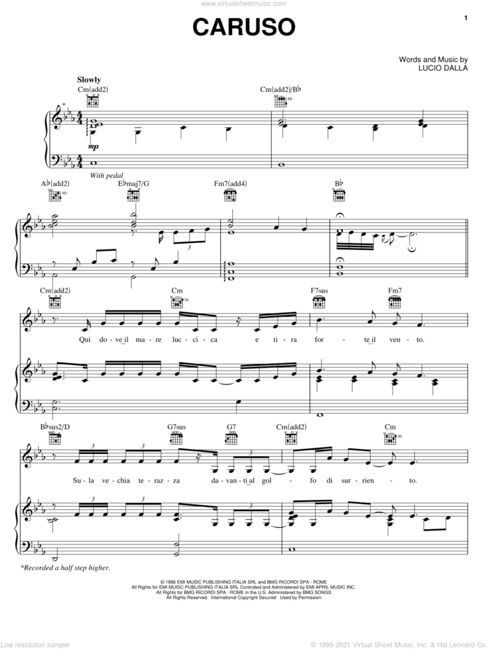 Caruso sheet music for voice, piano or guitar by Il Divo, Andrea Bocelli, Josh Groban and Lucio Dalla, intermediate skill level