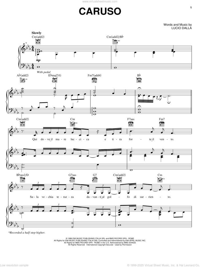 Caruso sheet music for voice, piano or guitar by Il Divo, Andrea Bocelli, Josh Groban and Lucio Dalla, intermediate skill level