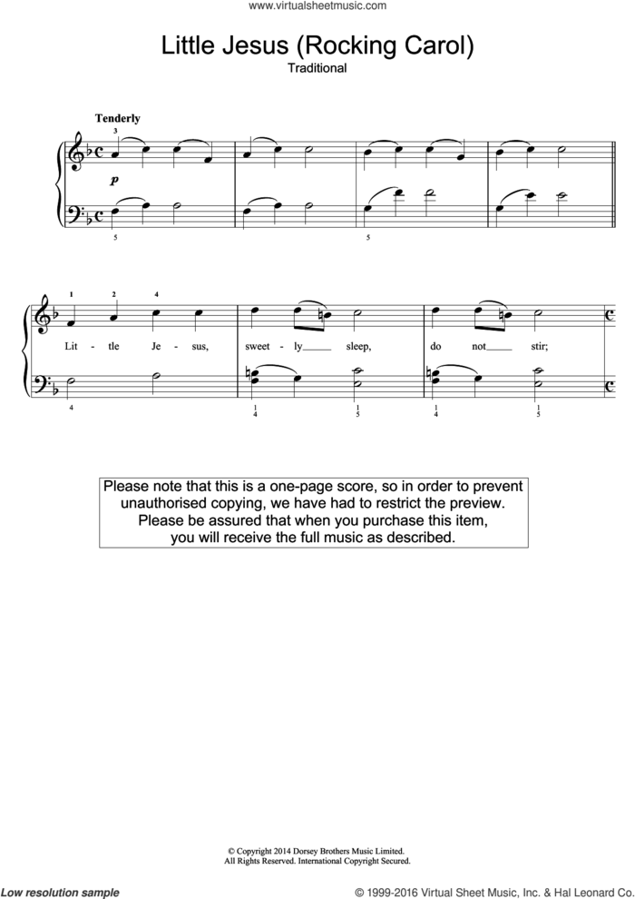 Little Jesus (Rocking Carol) sheet music for piano solo (beginners), beginner piano (beginners)