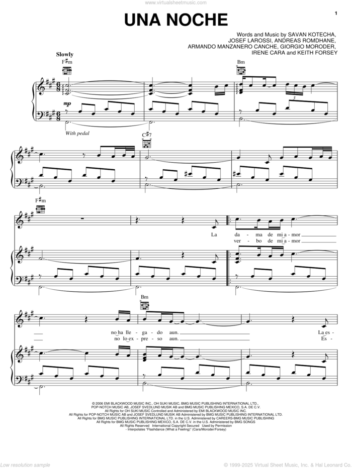 Una Noche sheet music for voice, piano or guitar by Il Divo, Andreas Romdhane, Armando Manzanero Canche, Giorgio Moroder, Irene Cara, Josef Larossi, Keith Forsey and Savan Kotecha, intermediate skill level