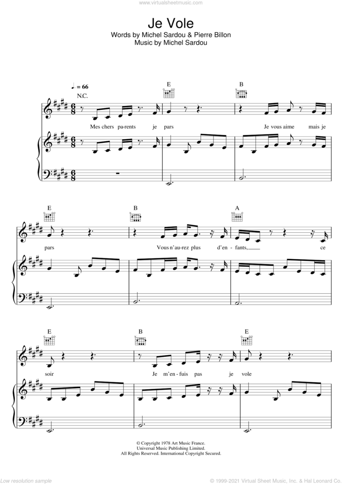 Je Vole sheet music for voice, piano or guitar by Michel Sardou, Louane and Pierre Billon, intermediate skill level