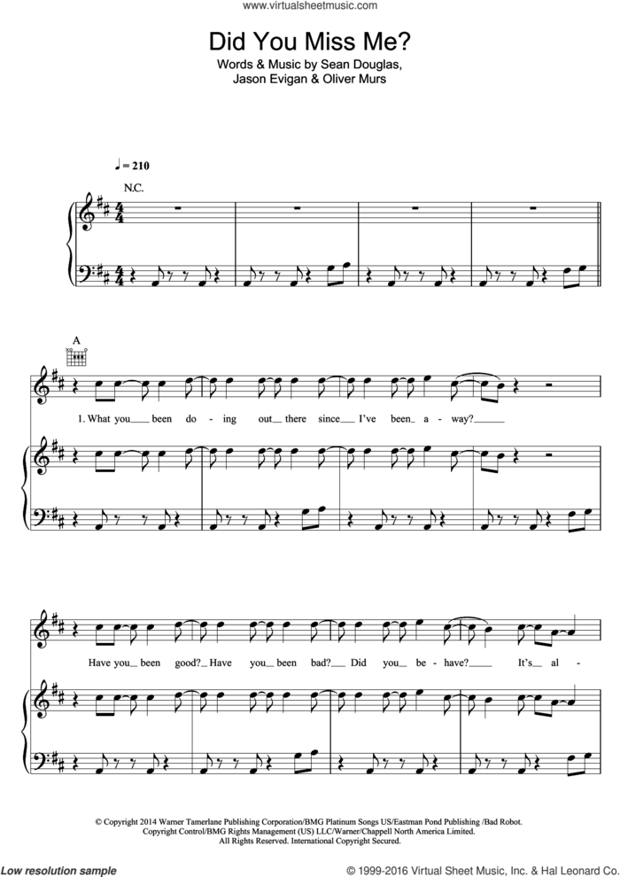 Did You Miss Me sheet music for voice, piano or guitar by Olly Murs, Jason Evigan, Oliver Murs and Sean Douglas, intermediate skill level