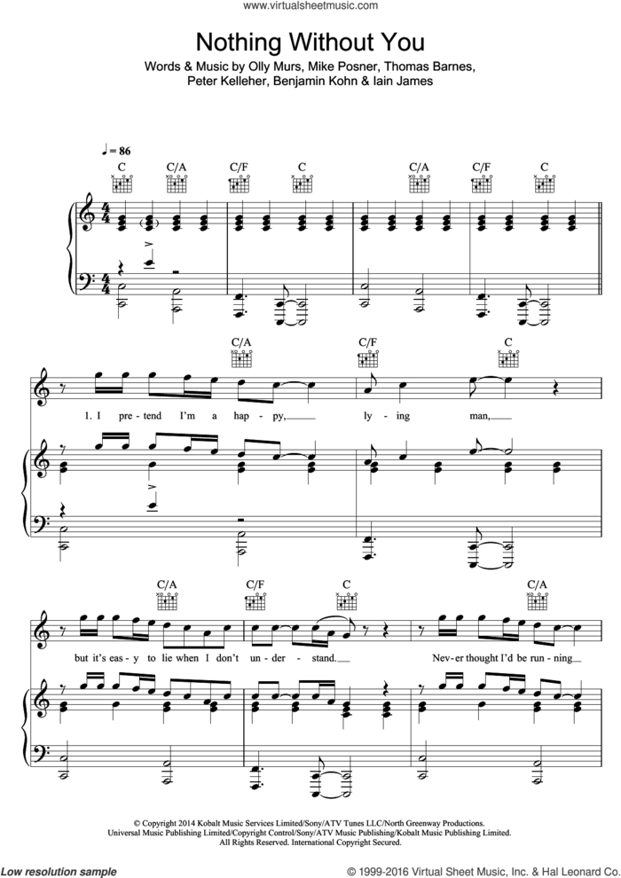 Nothing Without You sheet music for voice, piano or guitar by Olly Murs, Benjamin Kohn, Iain James, Mike Posner, Peter Kelleher and Thomas Barnes, intermediate skill level
