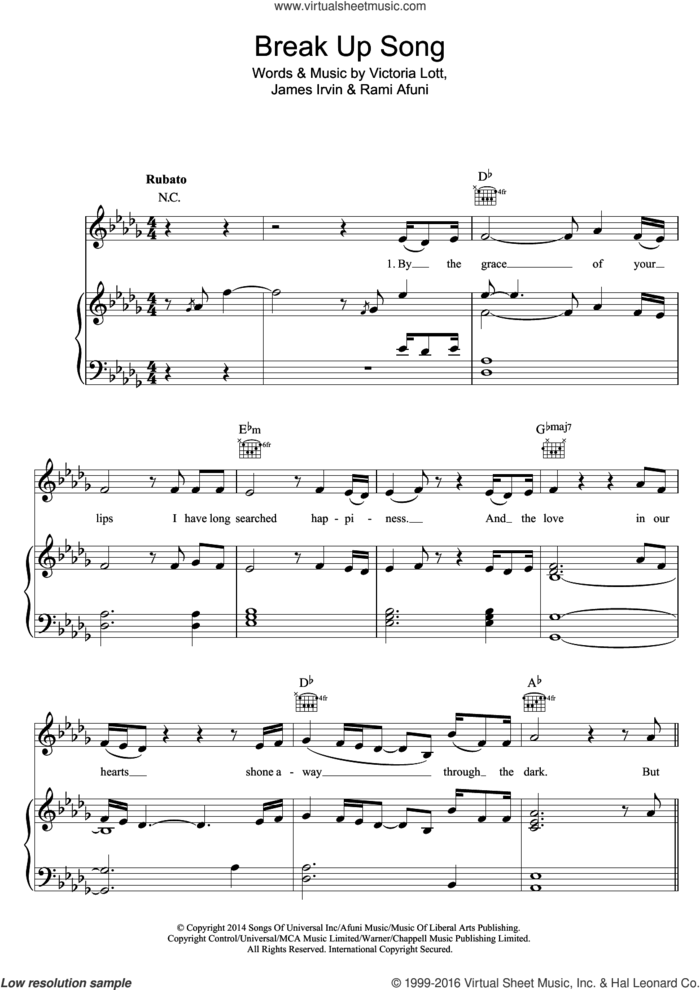 Break Up Song sheet music for voice, piano or guitar by Pixie Lott, James Irvin, Rami Afuni and Victoria Lott, intermediate skill level