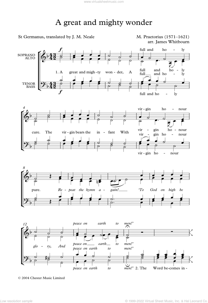 A Great and Mighty Wonder (arr. James Whitbourn) sheet music for choir (SATB: soprano, alto, tenor, bass) by Michael Praetorius, James Whitbourn and John Mason Neale, intermediate skill level