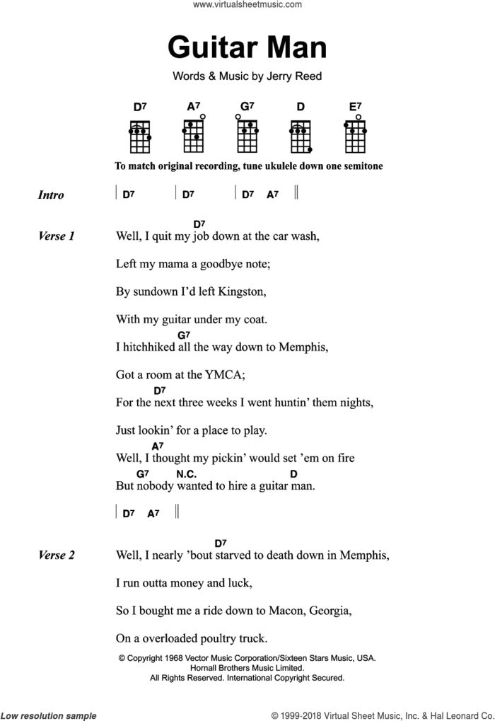 Guitar Man sheet music for ukulele by Elvis Presley and Jerry Reed, intermediate skill level