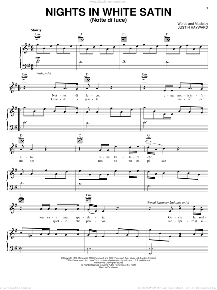 Nights In White Satin (Notte Di Luce) sheet music for voice, piano or guitar by Il Divo, The Moody Blues and Justin Hayward, intermediate skill level
