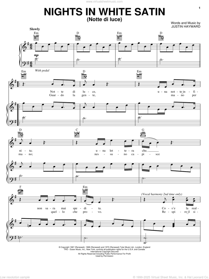 Nights In White Satin (Notte Di Luce) sheet music for voice, piano or guitar by Il Divo, The Moody Blues and Justin Hayward, intermediate skill level