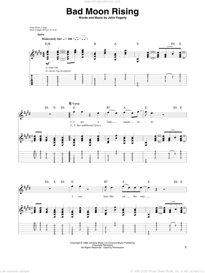 Bad Moon Rising sheet music for guitar (tablature, play-along) by Creedence Clearwater Revival and John Fogerty, intermediate skill level