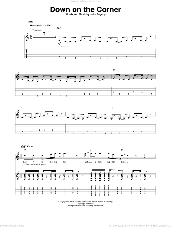 Down On The Corner sheet music for guitar (tablature, play-along) by Creedence Clearwater Revival and John Fogerty, intermediate skill level