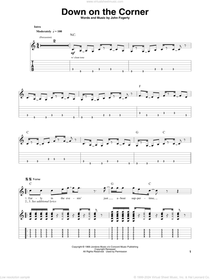 Down On The Corner sheet music for guitar (tablature, play-along) by Creedence Clearwater Revival and John Fogerty, intermediate skill level