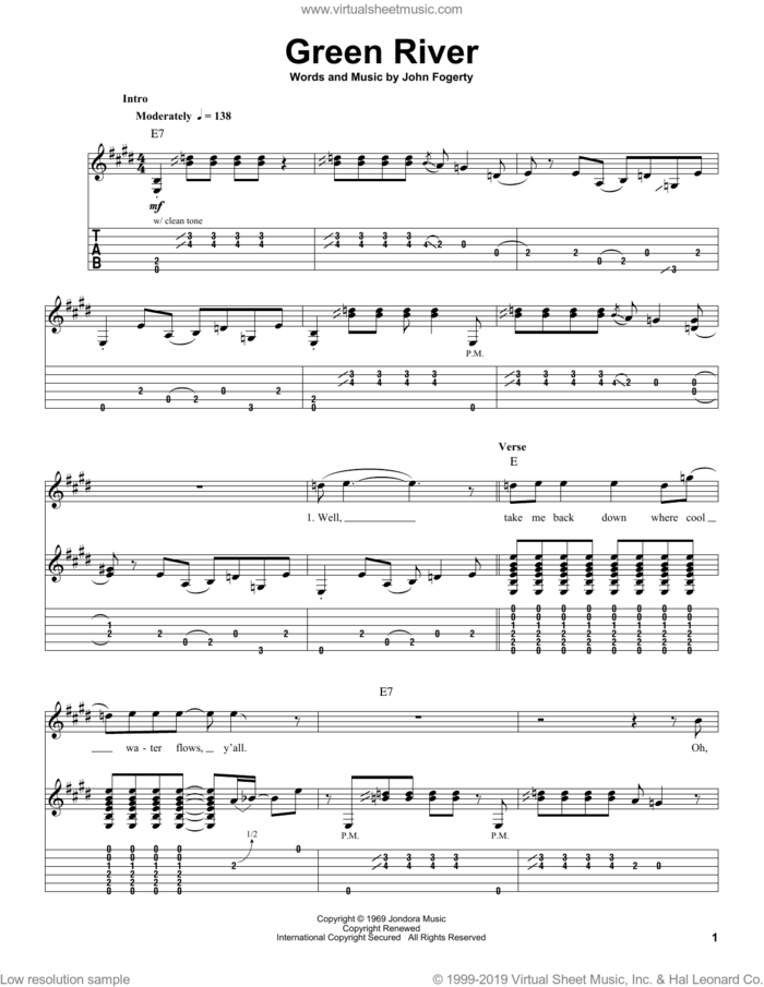 Green River sheet music for guitar (tablature, play-along) by Creedence Clearwater Revival and John Fogerty, intermediate skill level