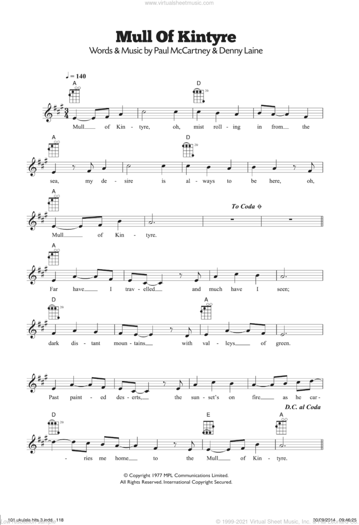 Mull Of Kintyre sheet music for ukulele by Paul McCartney, Paul McCartney and Wings, Wings and Denny Laine, intermediate skill level