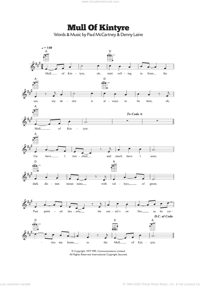 Mull Of Kintyre sheet music for ukulele by Paul McCartney, Paul McCartney and Wings, Wings and Denny Laine, intermediate skill level