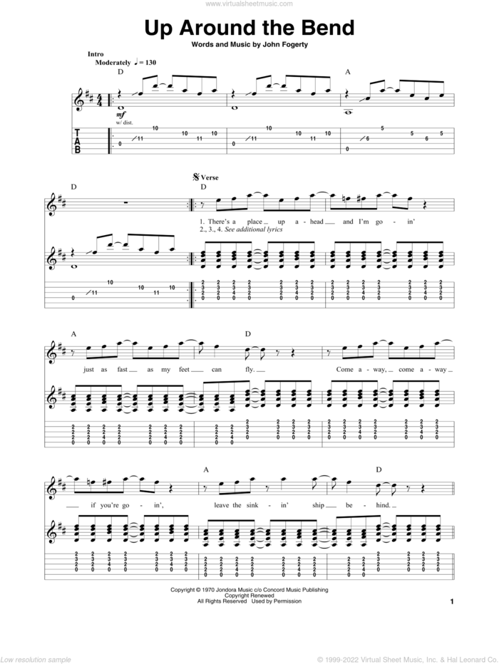 Up Around The Bend sheet music for guitar (tablature, play-along) by Creedence Clearwater Revival and John Fogerty, intermediate skill level