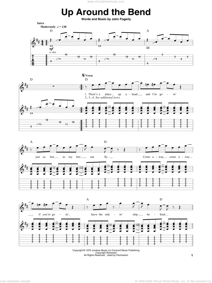 Up Around The Bend sheet music for guitar (tablature, play-along) by Creedence Clearwater Revival and John Fogerty, intermediate skill level